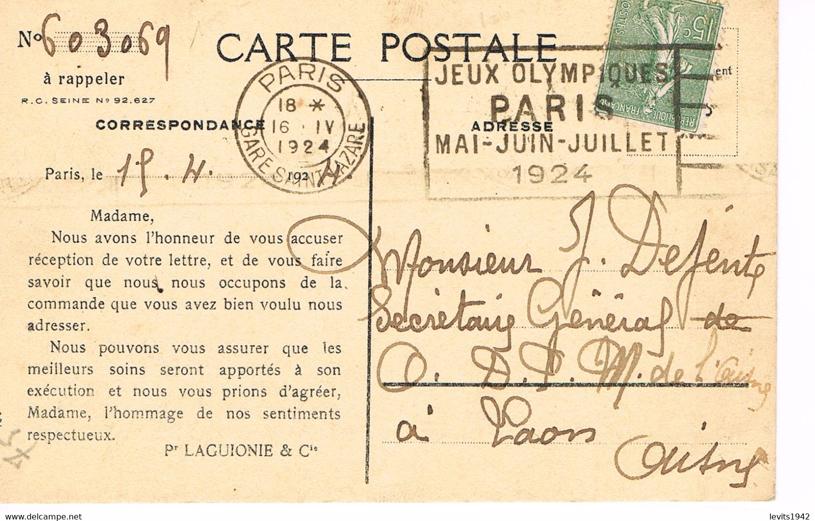 MARQUE POSTALE -  JEUX OLYMPIQUES 1924 - GARE SAINT LAZARE - 16-04-1924 - - Ete 1924: Paris