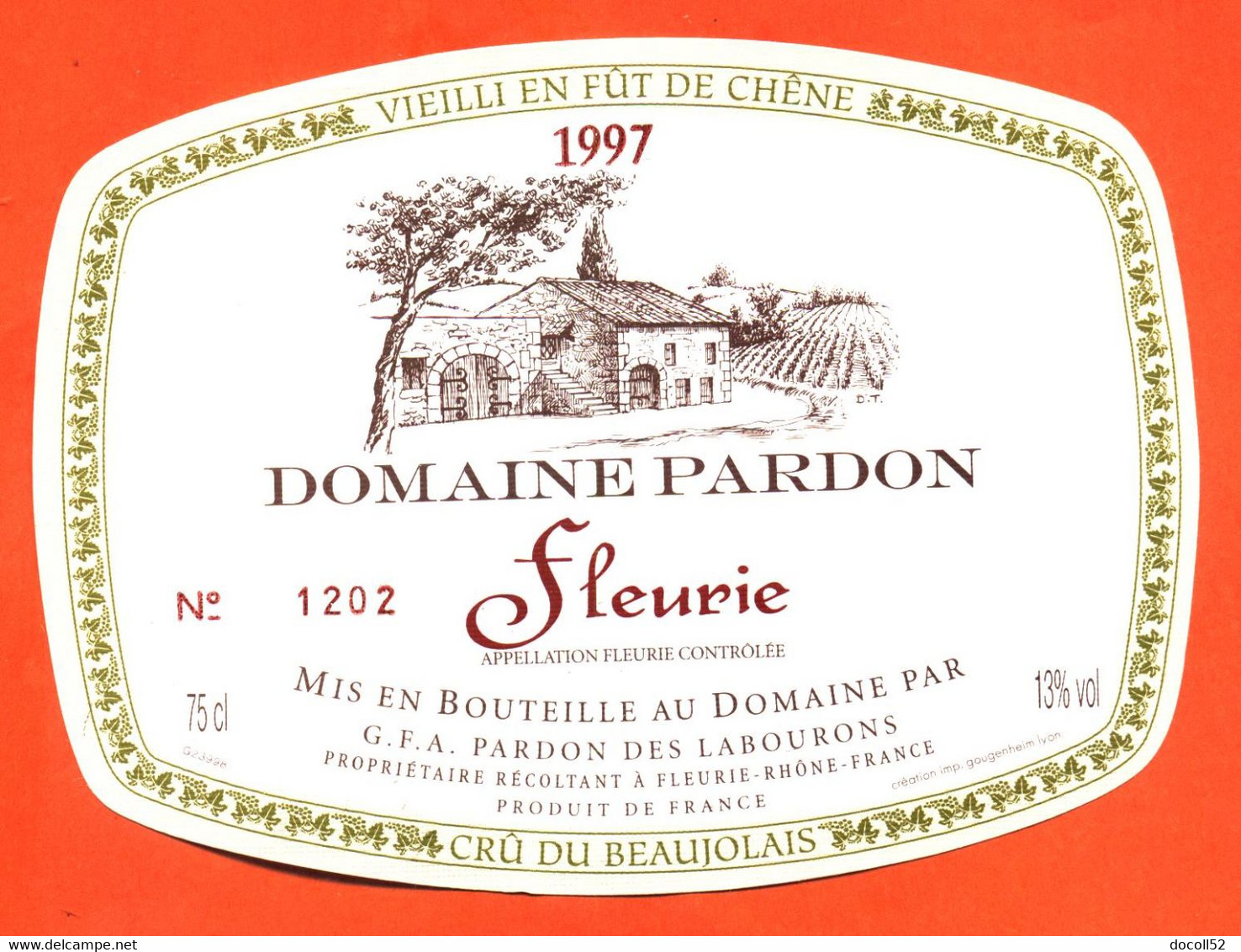 Etiquette Neuve De Vin De Beaujolais Fleurie 1997 Domaine Pardon Et Fils à Beaujeu - 75 Cl - Beaujolais