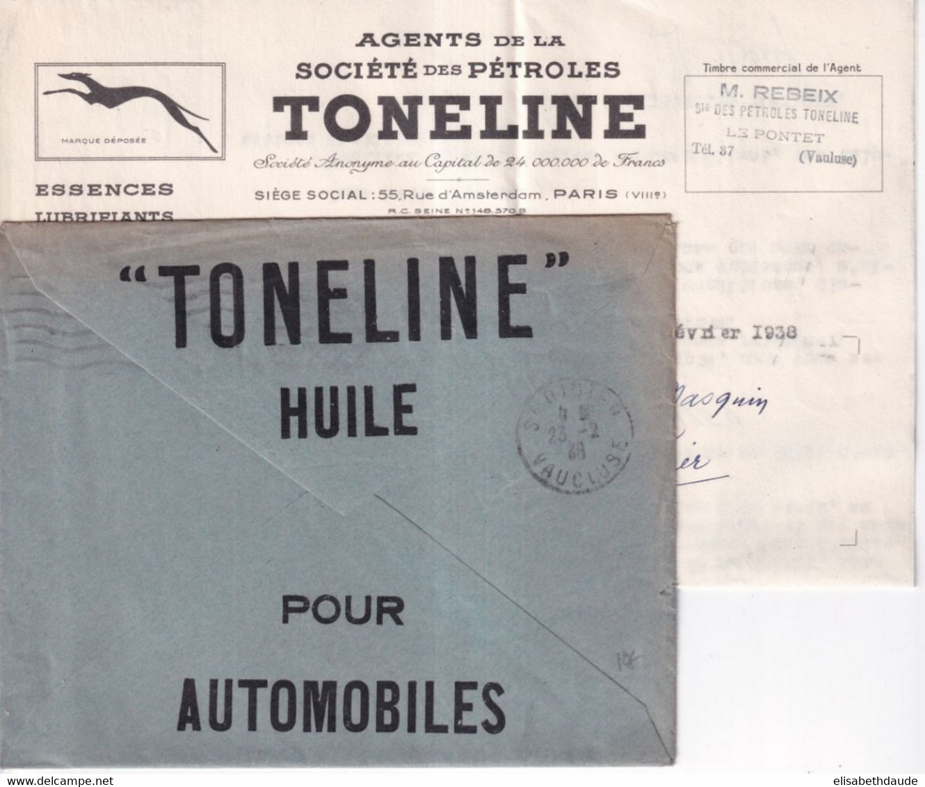 1938 - PAIX / ENVELOPPE PUB ILLUSTREE "HUILE AUTOMOBILES TONELINE" STE PETROLES à LE PONTET (VAUCLUSE) - 1932-39 Paz