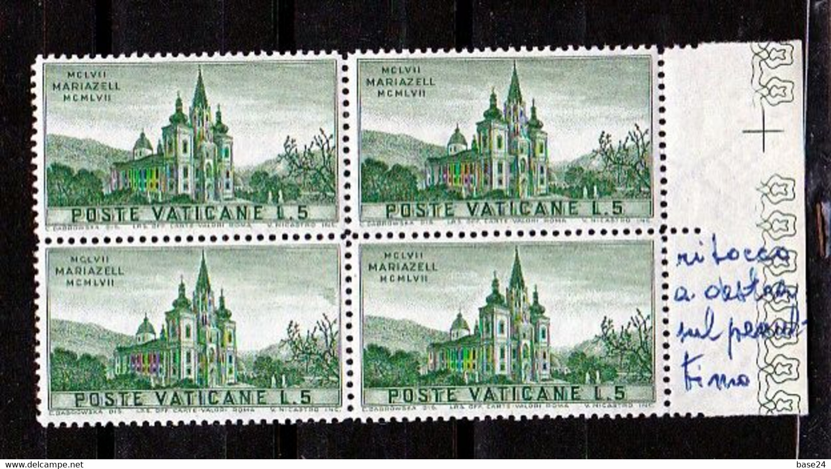 1957 Vaticano Vatican MARIAZELL Quartina 5 Lire MNH** Valore In Basso A Sin. Con Varietà Ritocco (sfumatura Su Albero ) - Errors & Oddities