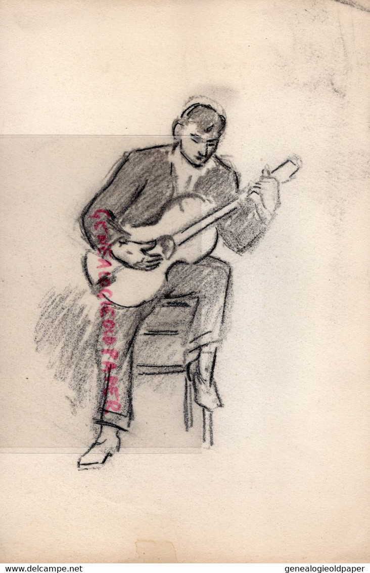 75- PARIS- ARCHIVE PEINTRE GASTON DARDAILLON-7 RUE CRILLON- VERITABLE DESSIN GUITARISTE GUITARE - - Dibujos