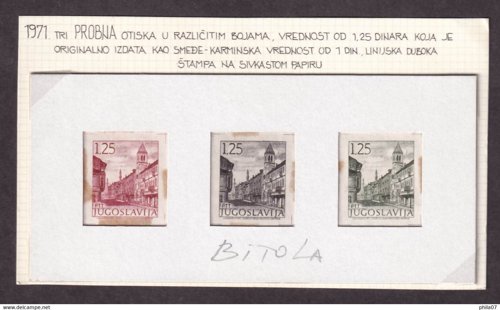 Yugoslavia - Three Trial Print In Three Color With Image Of Bitole, Which Is Issued But In Nominal Value 1 Din And Not 1 - Otros & Sin Clasificación