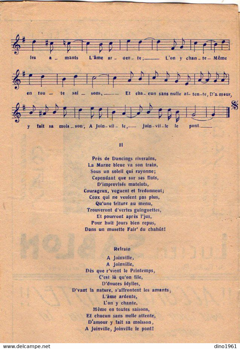 VP19.218 - PARIS - Ancienne Partition Musicale ¨ A Joinville ..¨ Par E. VACHER Virtuose Accordéoniste / FROT X PEYRONNIN - Noten & Partituren