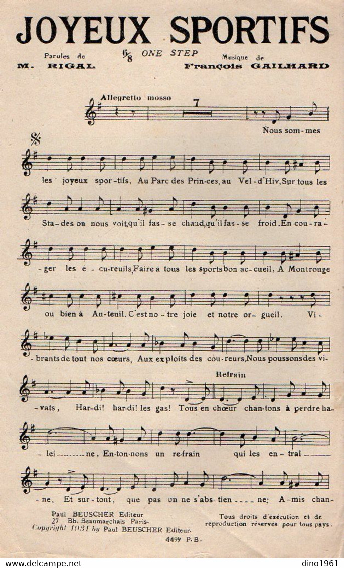 VP19.219 - PARIS - Ancienne Partition Musicale ¨ Joyeux Sportifs ¨ Par E. VACHER Le Virtuose Accordéoniste / M. RIGAL .. - Noten & Partituren