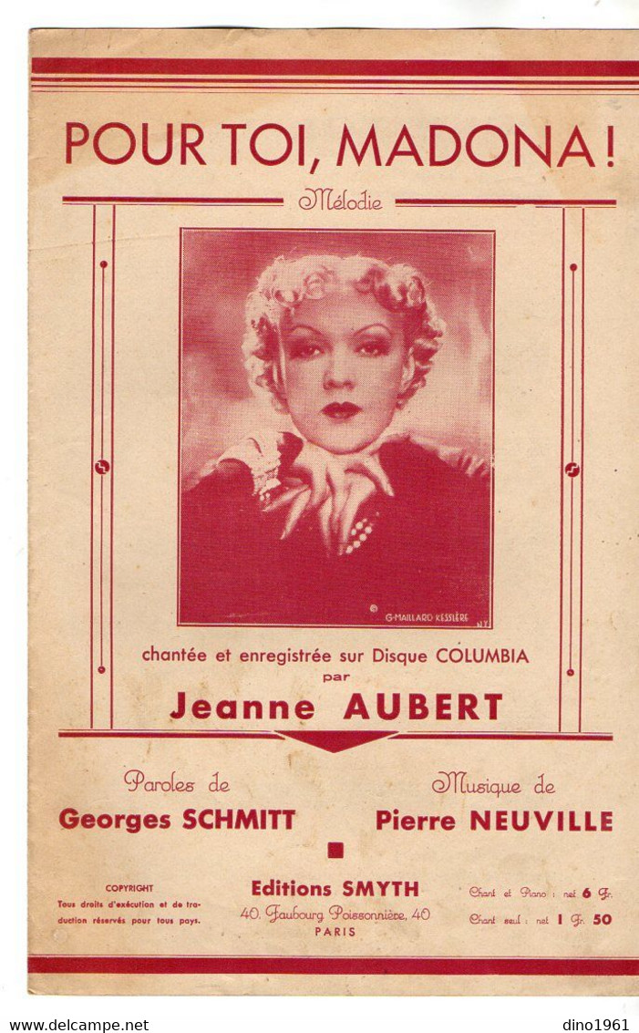 VP19.221 - PARIS - Ancienne Partition Musicale ¨ Pour Toi , Madona ! ¨ Par Jeanne AUBERT / Paroles De G. SCHMITT - Scores & Partitions