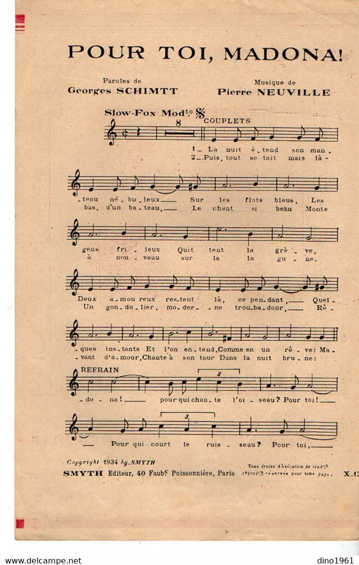 VP19.221 - PARIS - Ancienne Partition Musicale ¨ Pour Toi , Madona ! ¨ Par Jeanne AUBERT / Paroles De G. SCHMITT - Partitions Musicales Anciennes