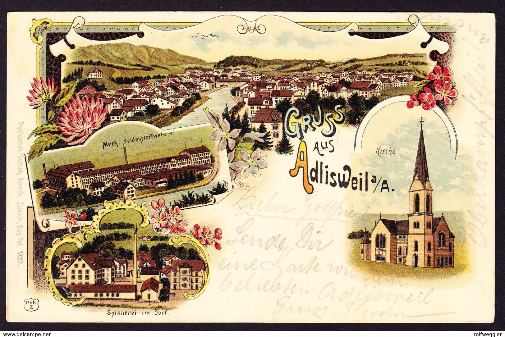 1901 Gelaufene Litho AK: Gruss Aus Adlisweil (Adliswil). 4 Bildrig. Mit Spinnerei Und Seidenstoff-Weberei. Rückseitig - Adliswil