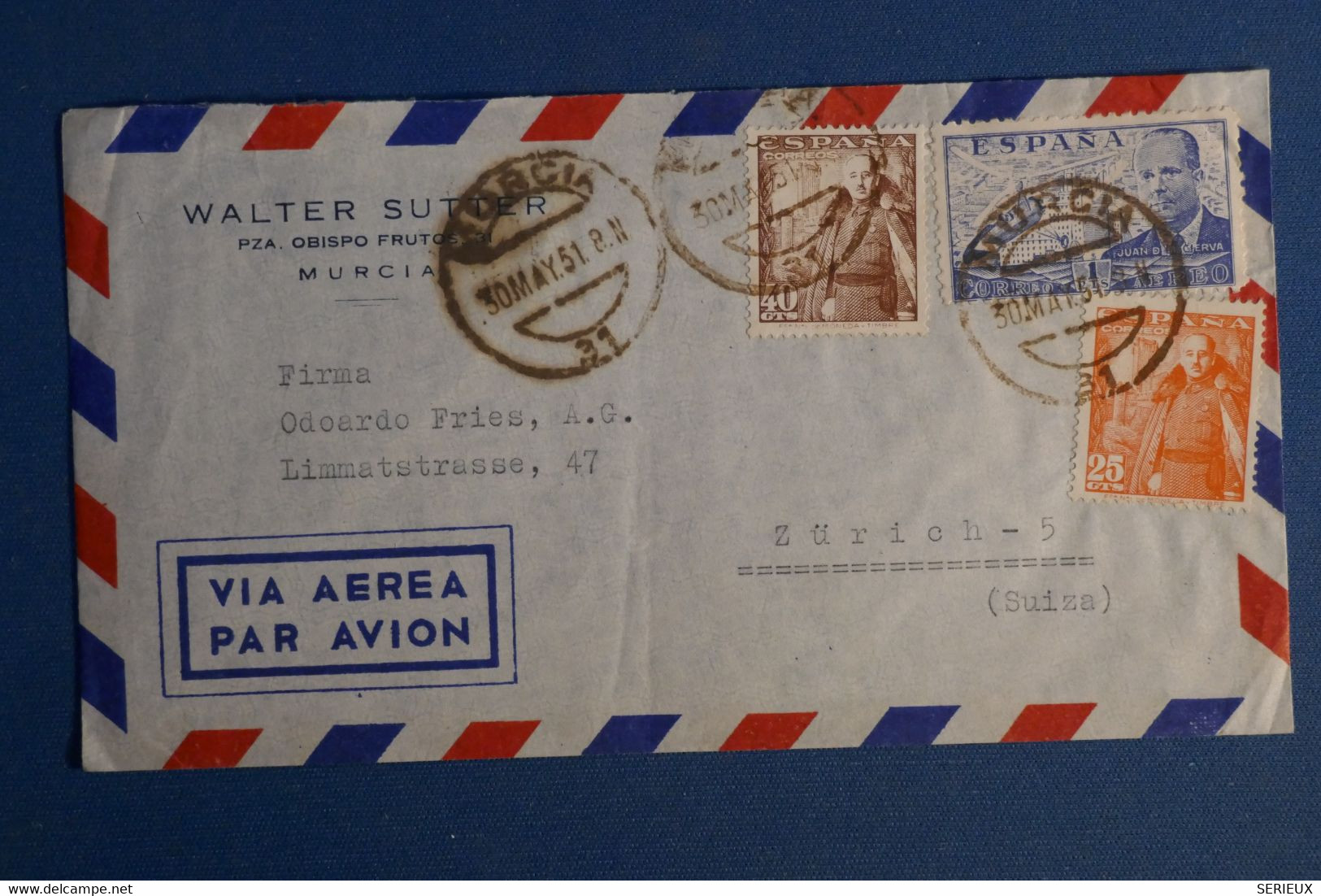 AQ9 ESPAGNE  BELLE LETTRE     1951   MURCIA POUR ZURICH SUISSE +AEROPHILATELIE +AFFRANCH. INTERESSANT - Storia Postale