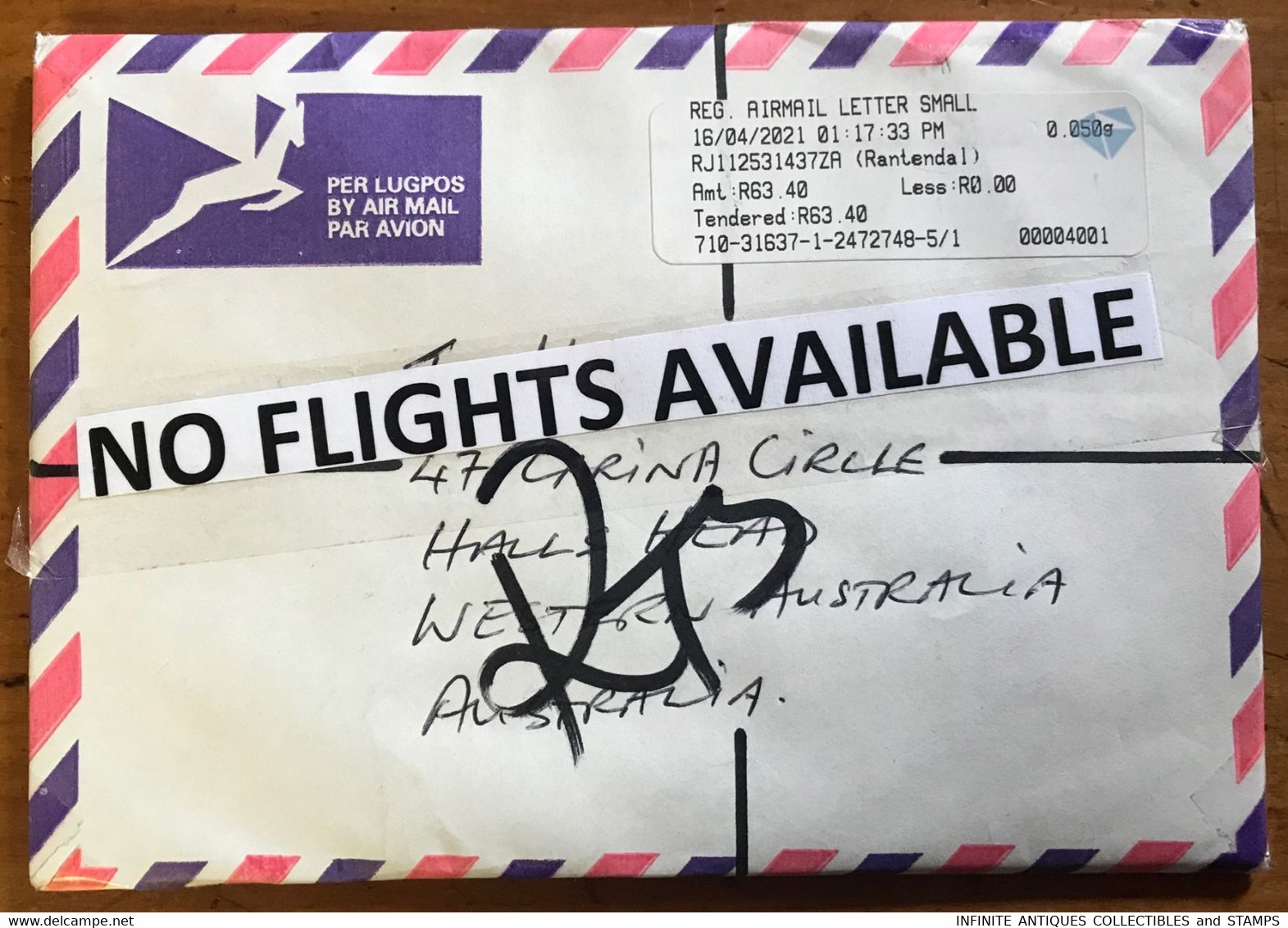 SOUTH AFRICA=COVID MAIL=RETURN TO SENDER (RTS)=DESTINATION AUSTRALIA="NO FLIGHTS AVAILABLE"=16.4.2021=REGISTERED MAIL - Lettres & Documents