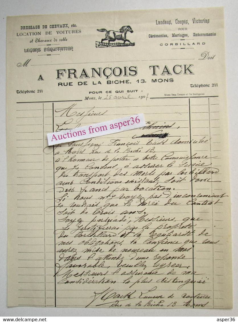 Dressage De Chevaux, Location De Voitures, François Tack, Rue De La Biche, Mons 1907 - 1900 – 1949