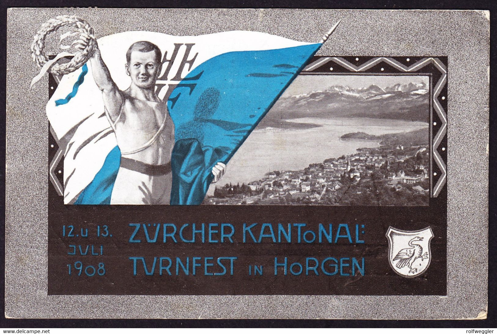 1908 Offizielle Fest-Postkarte Kantonales Turnfest In Horgen. Gestempelt Horgen Nach Manchester Gelaufen. - Horgen
