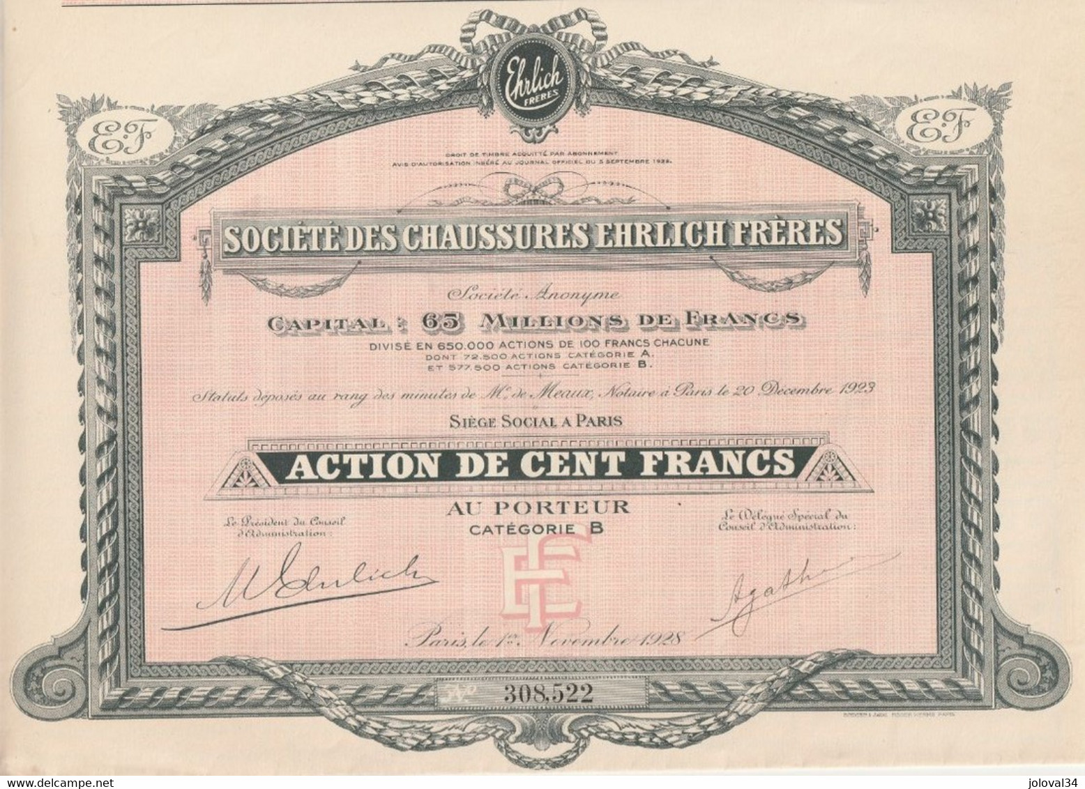 Action Cent Francs Société Des Chaussures EHRLICH Frères 1923 - 2 Scan - Textile