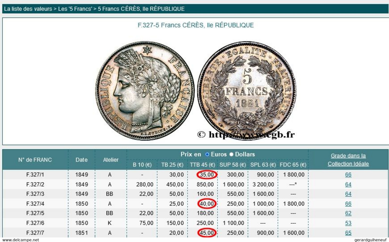 5 Francs Cérès ARGENT 1851A TTB - Other & Unclassified