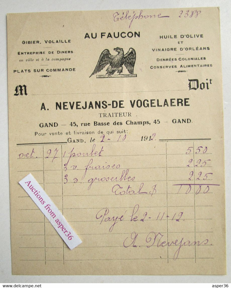 "Au Faucon" Traiteur A. Nevejans-De Vogelaere, Rue Basse Des Champs, Gent 1912 - 1900 – 1949