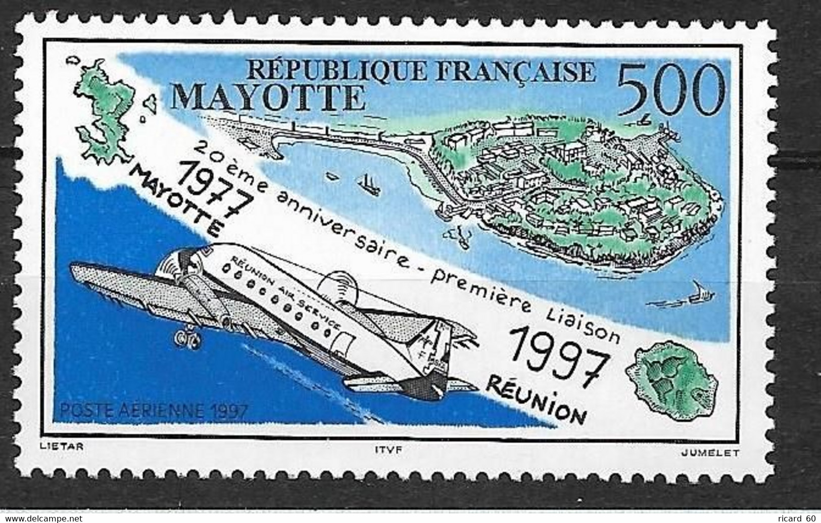 Timbres Neufs** De Mayotte, N°2 YT, Poste Aérienne, 20 Ans De La 1ère Liaison Entre Mayotte Et Le Réunion, Avion, Carte - Aéreo