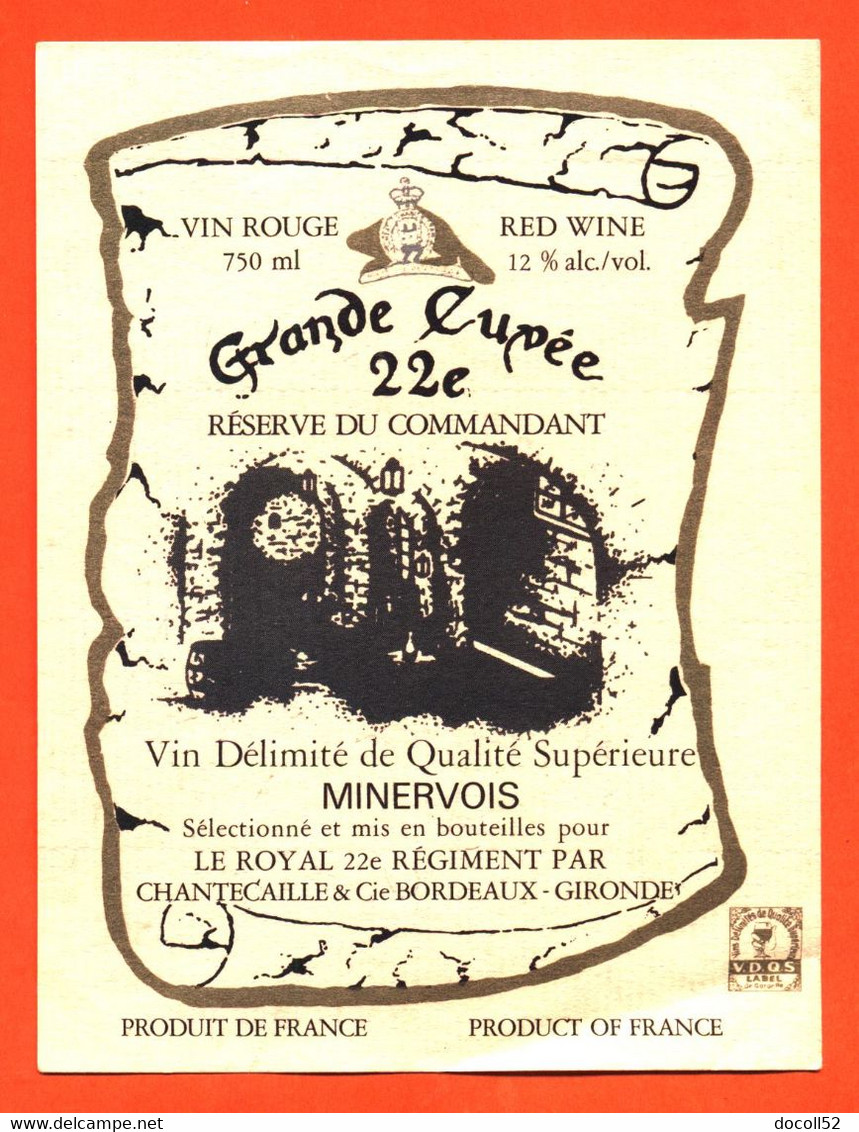 Etiquette Neuve De Vin Rouge Grande Cuvée 22e Régiment Réserve Du Commandant à Bordeaux - 75 Cl - Vin De Pays D'Oc