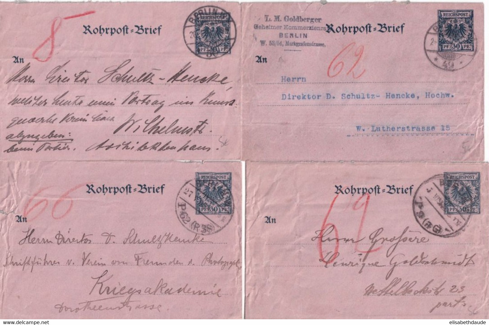 REICH - 1894/1899 - 4 ENVELOPPES ENTIERS PNEUMATIQUES ROHRPOST Avec BUREAUX DIFFERENTS De BERLIN - Buste