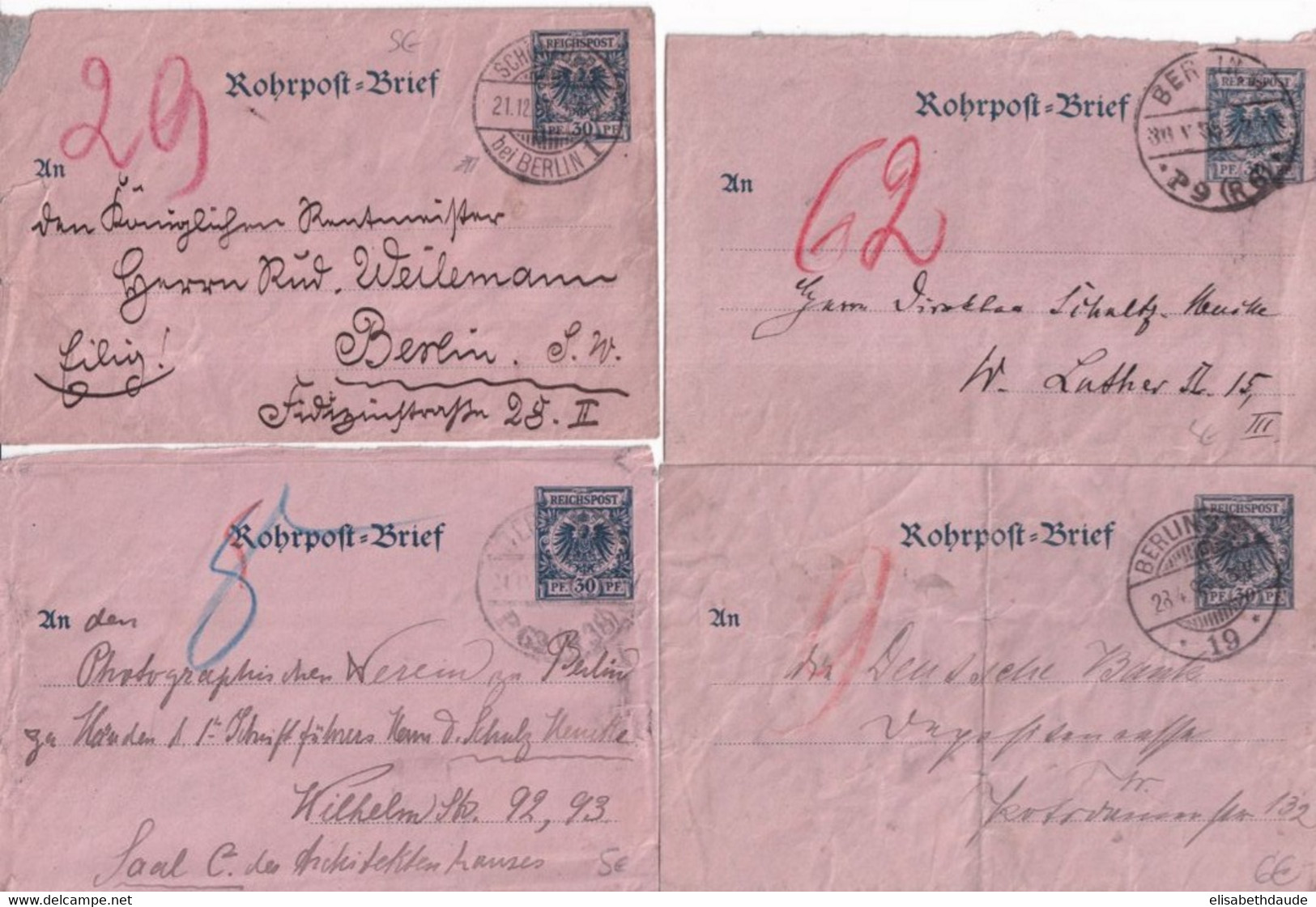 REICH - 1895/1898 - 4 ENVELOPPES ENTIERS PNEUMATIQUES ROHRPOST Avec BUREAUX DIFFERENTS De BERLIN - Covers