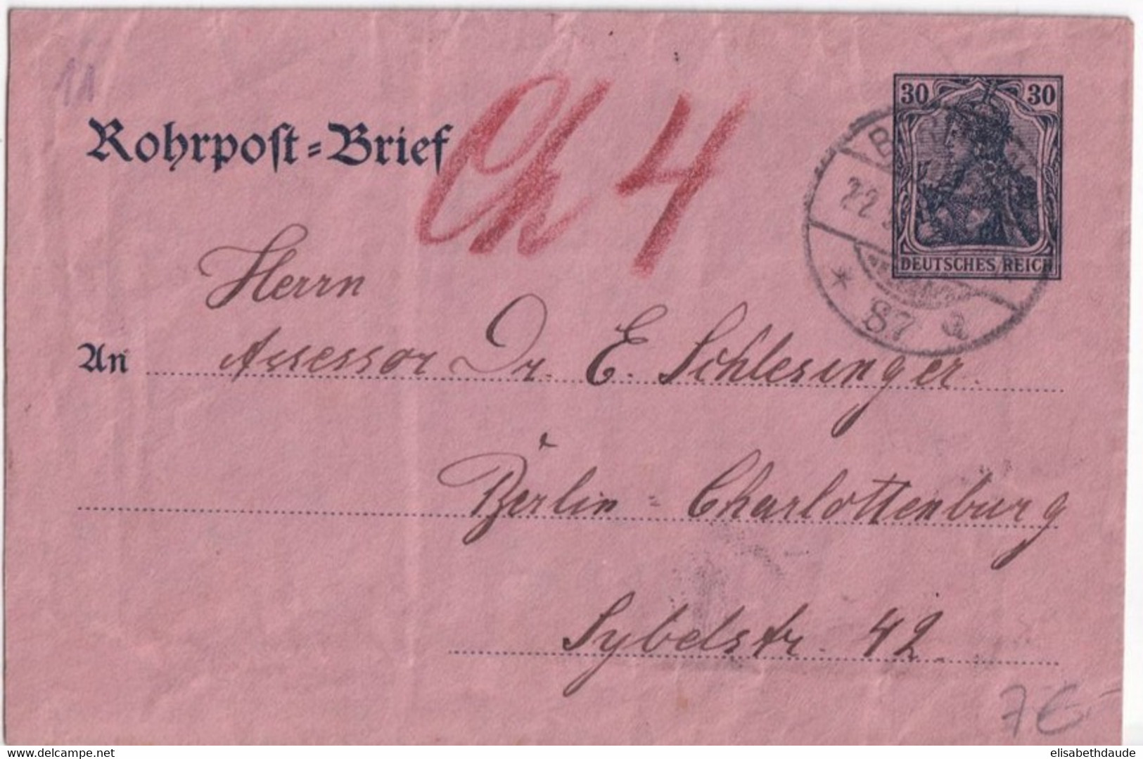 REICH - 1912 - ENVELOPPE ENTIER PNEUMATIQUE ROHRPOST TYPE GERMANIA De BERLIN 87 - Covers