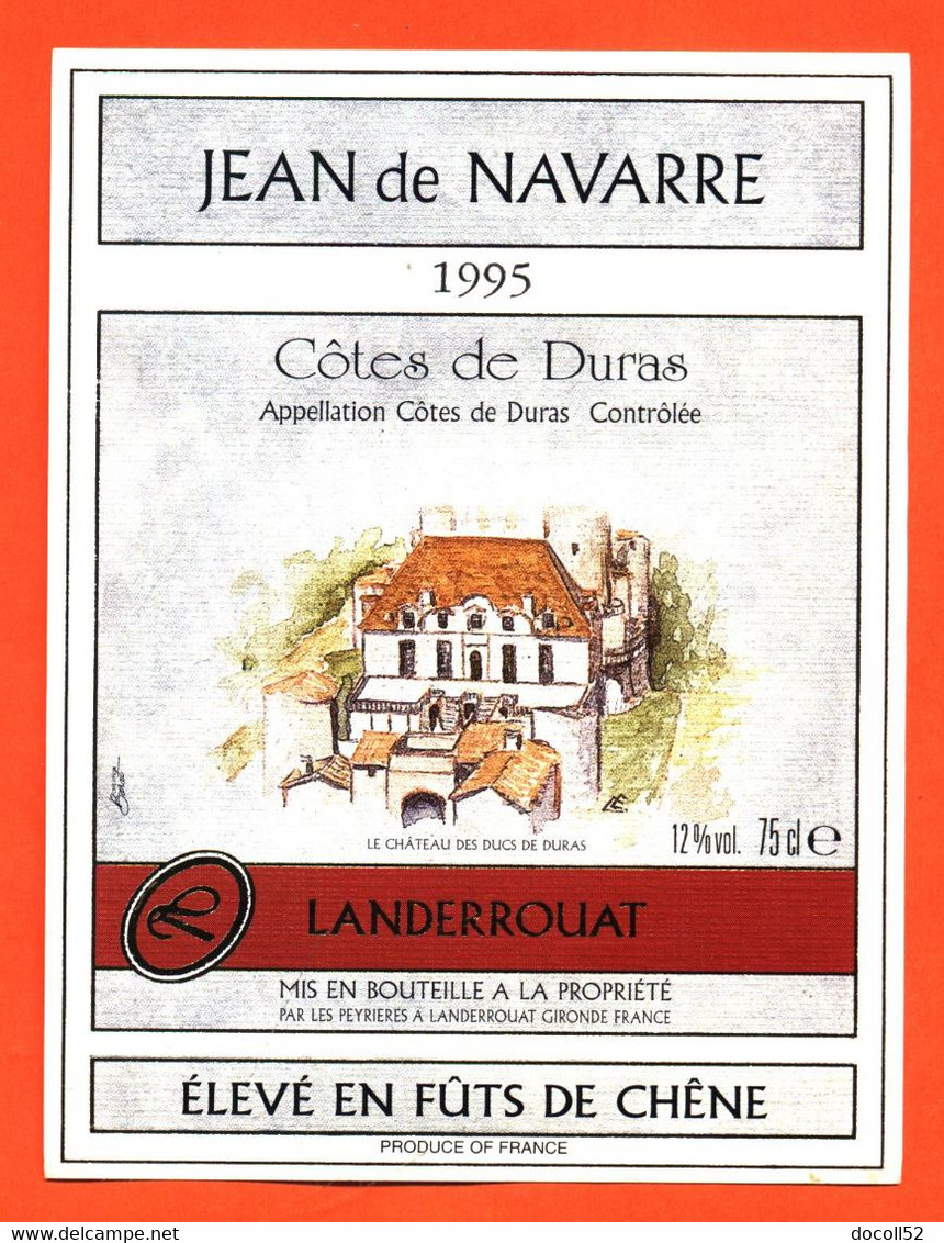 Etiquette Neuve De Vin Cotes De Duras 1995 Jean De Navarre à Landerrouat - 75 Cl - Vin De Pays D'Oc