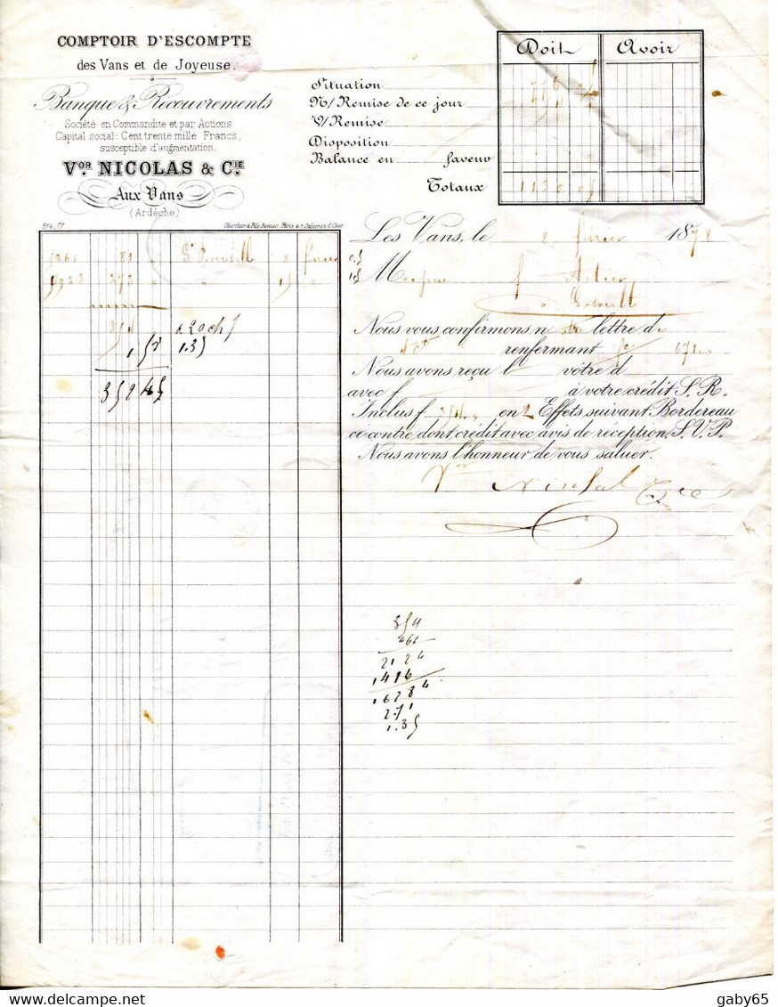 07.ARDECHE.JOYEUSE.LES VANS.COMPTOIR D'ESCOMPTE.BANQUE DE RECOUVREMENT.V.NICOLAS & Cie. - Bank & Versicherung