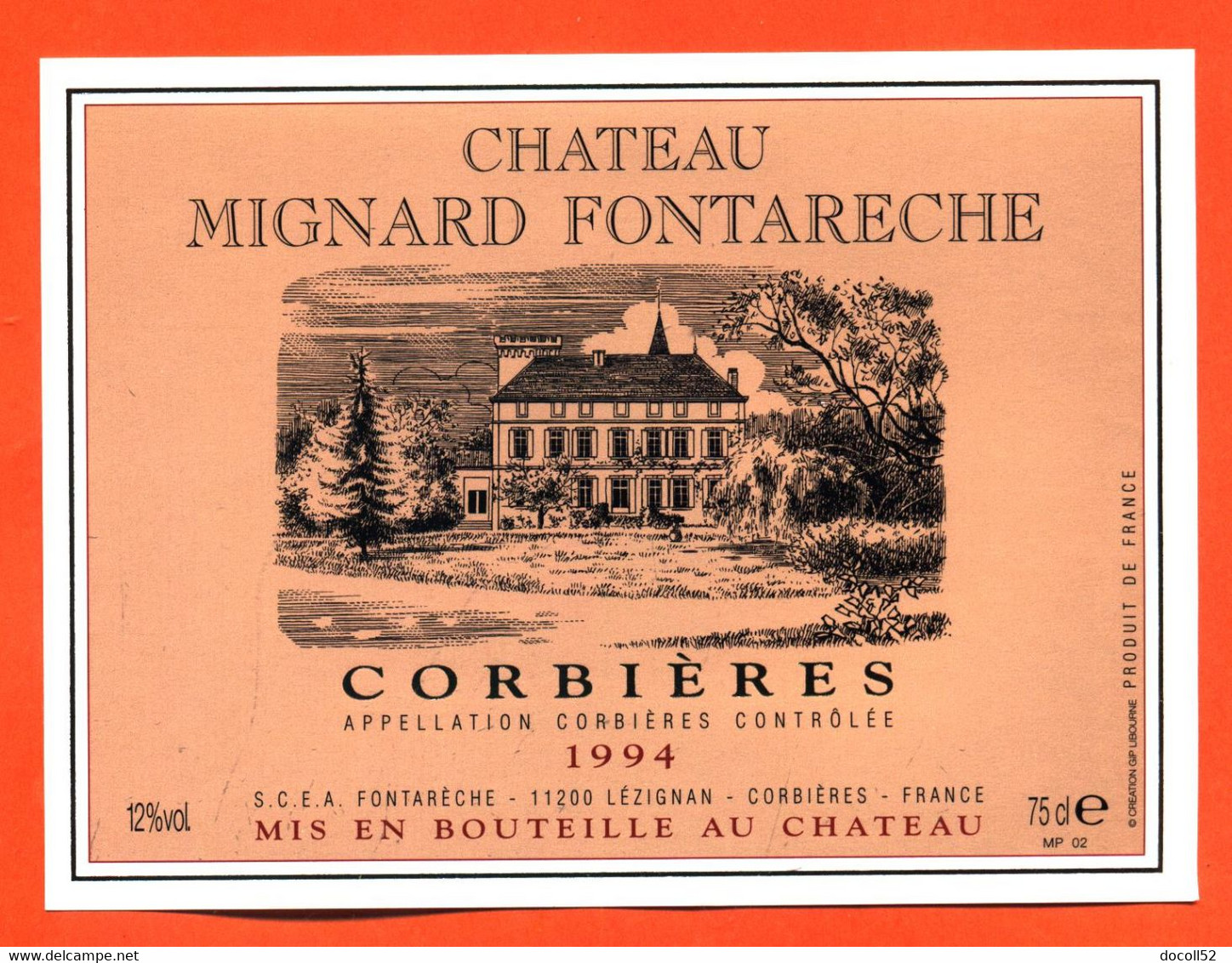 Etiquette Neuve De Vin De Corbières Chateau Mignard Fontareche 1994 à Lézignan - 75 Cl - Vin De Pays D'Oc