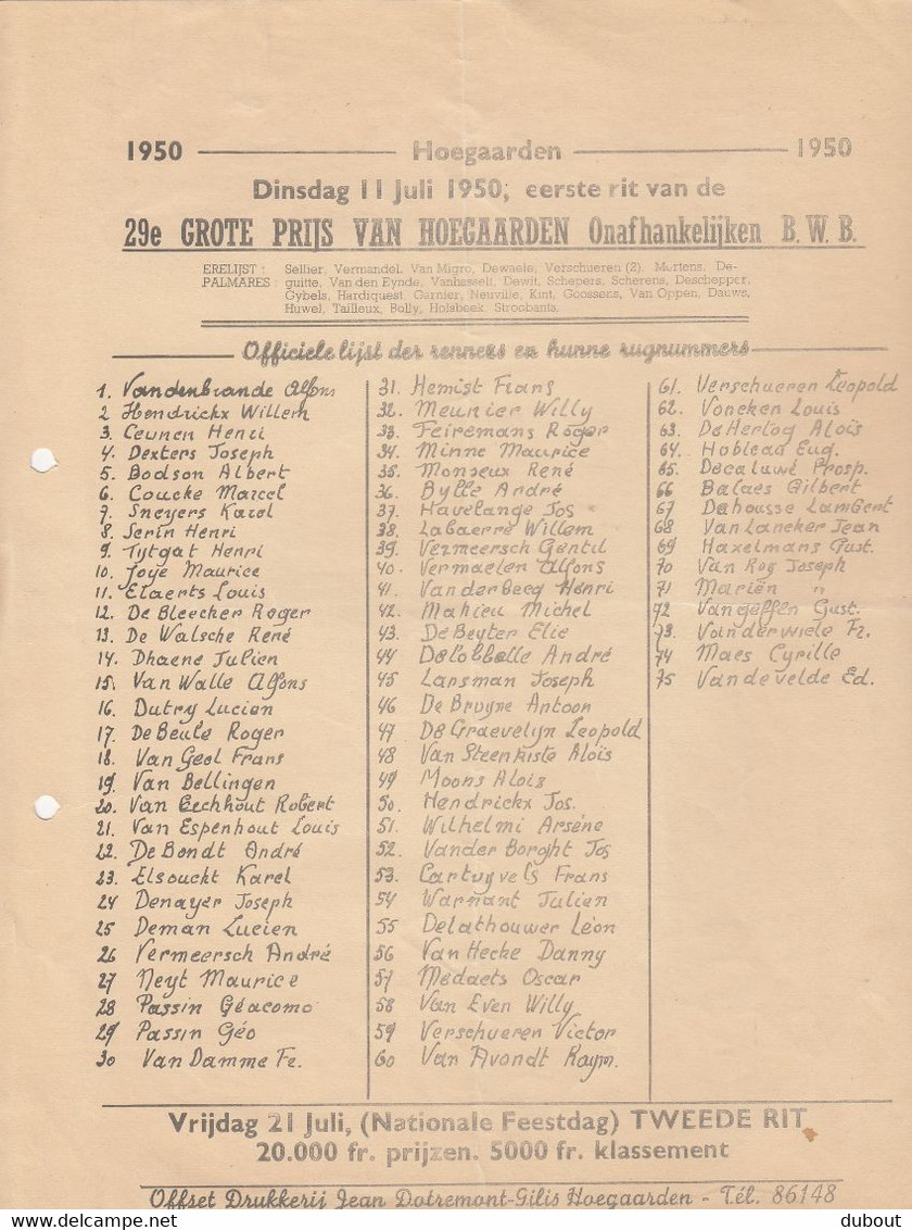 Ciclysme/Wielerkoers: Hoegaarden/Tienen 1950 - Officiële Lijst Der Renners En Rugnummers   (V778) - Tickets D'entrée