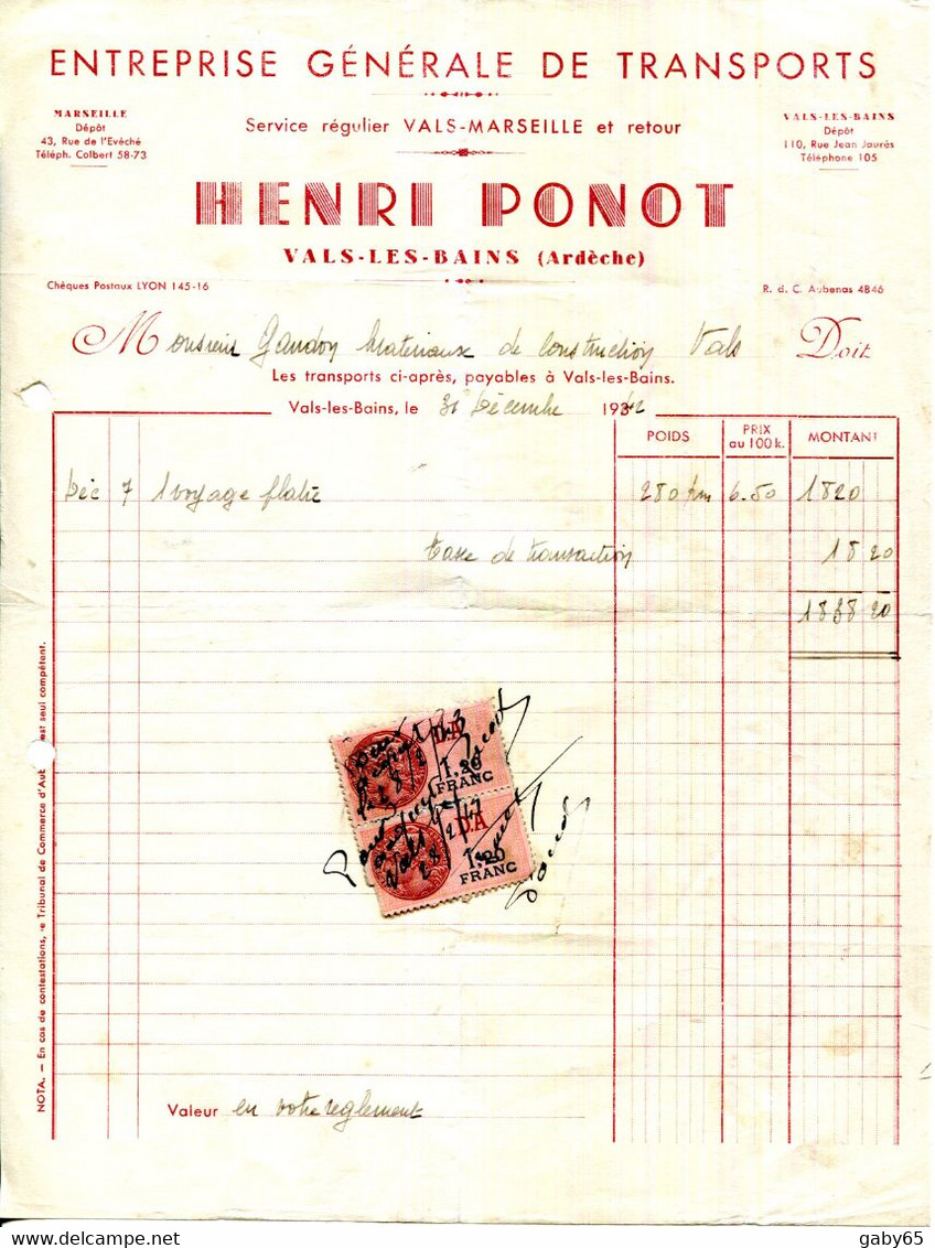 07.ARDECHE.VALS LES BAINS.ENTREPRISE GENERALE DE TRANSPORTS.HENRI PONOT. - Transport