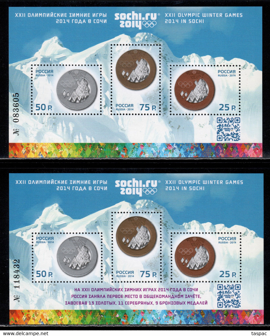 Russia 2014 Mi# Block 198 And Block 198 I (Overprinted) ** MNH - Winter Olympic Games, Sochi / Medals - Winter 2014: Sochi