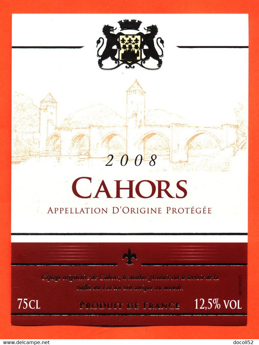 Etiquette Neuve De Vin De Cahors 2008 - 75 Cl - Cahors