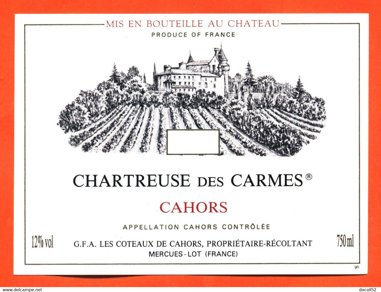 Etiquette Neuve De Vin De Cahors Chartreuse Des Carmes Les Coteaux De Cahors à Mercues - 75 Cl - Cahors