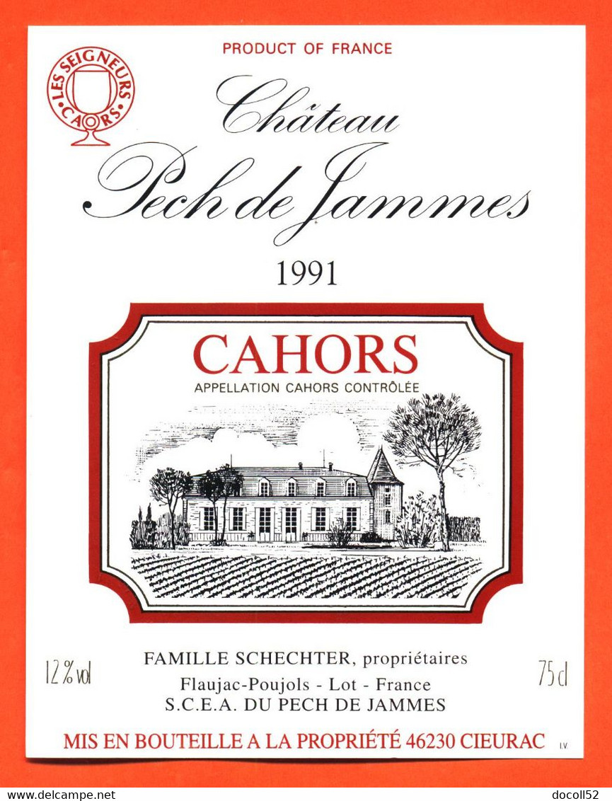 Etiquette Neuve De Vin De Cahors Chateau Pech De Jammes 1991 Schechter à Flaujac Poujols - 75 Cl - Cahors