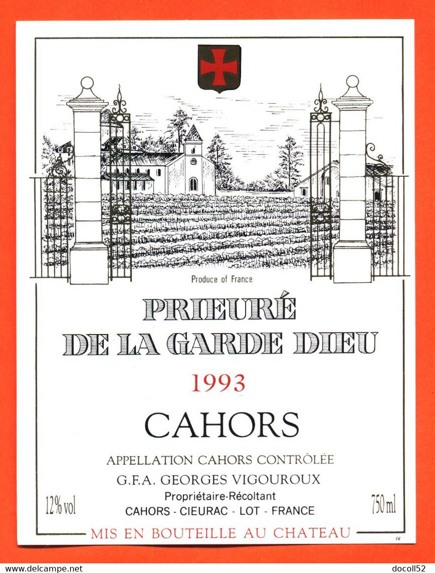 Etiquette Neuve De Vin De Cahors Prieuré De La Garde Dieu 1993 Georges Vigouroux à Cahors - Cieurac - 75 Cl - Cahors