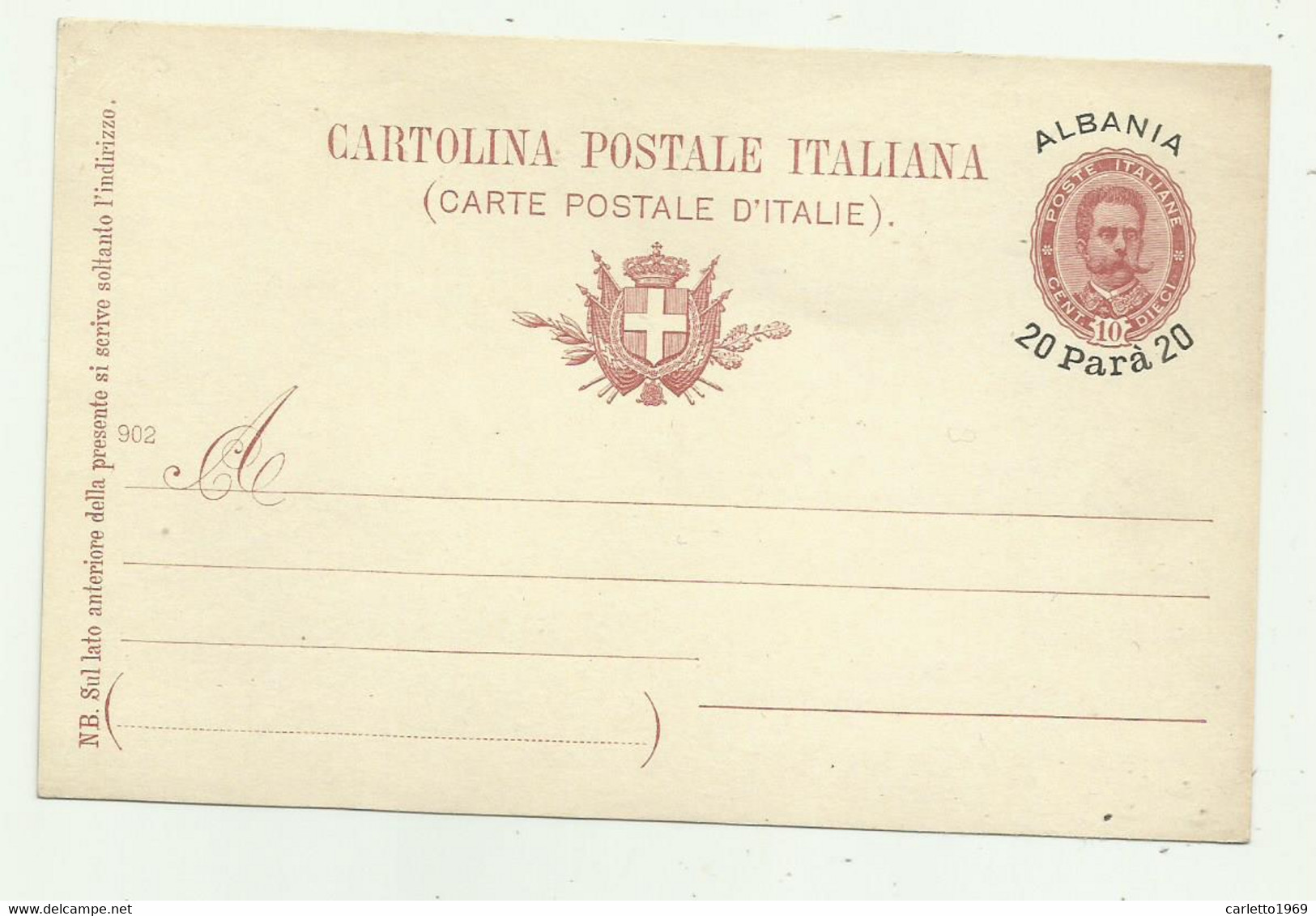 1902 UFFICI ALL'ESTERO LEVANTE ALBANIA INTERO POSTALE 20P-10 CENT. NUOVO - Entiers Postaux