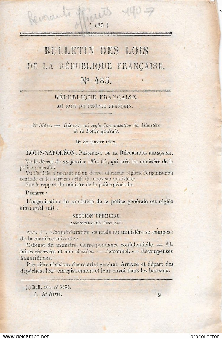 Décret De 1852 Concernant La Police Gébérale - Police - Gendarmerie