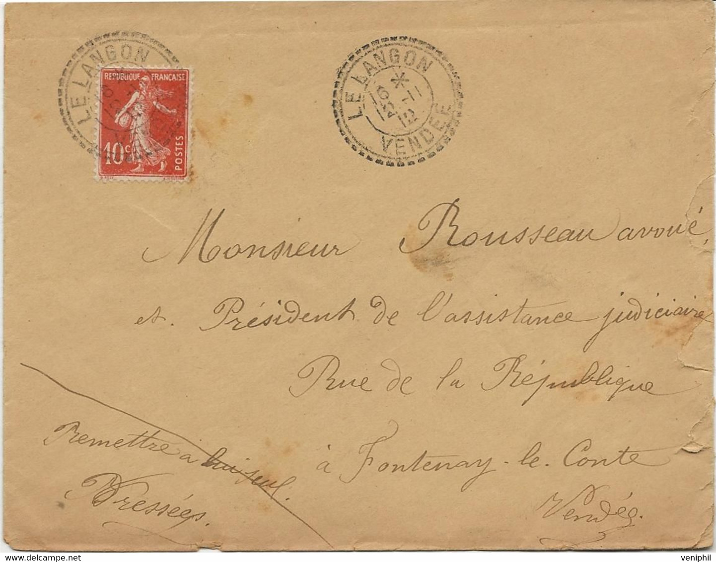 LETTRE AFFRANCHIE N° 138 OBLITERATION CAD PERLE -LE LANGON -VENDEE -1912 - 1877-1920: Semi Modern Period