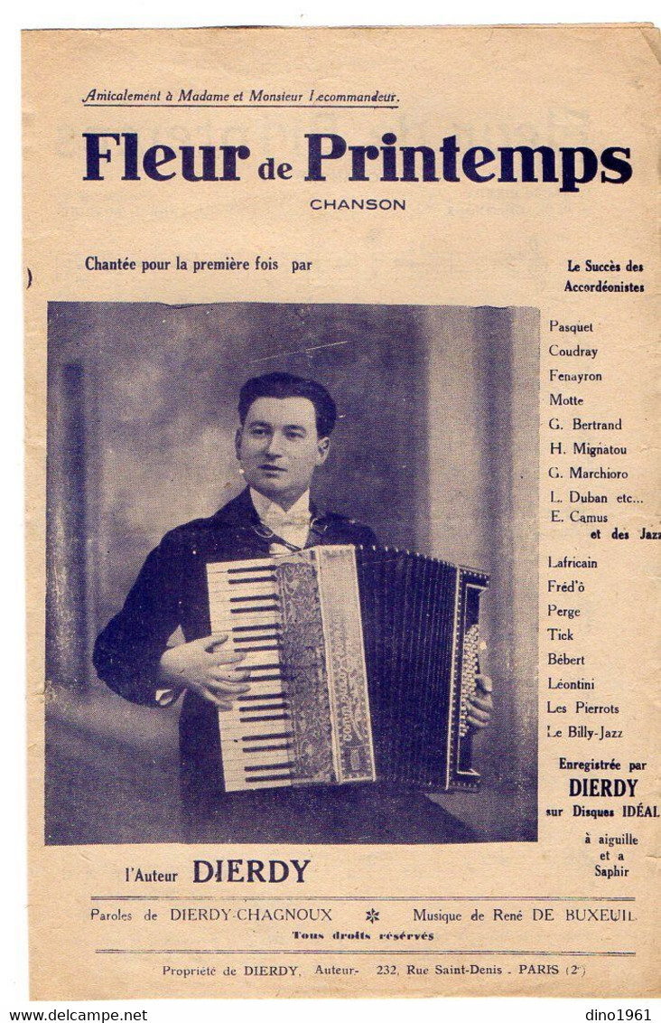 VP19.224 - PARIS - Ancienne Partition Musicale ¨ Fleur De Printemps ¨ DIERDY Accordéoniste / Paroles DIERDY & CHAGNOUX - Spartiti