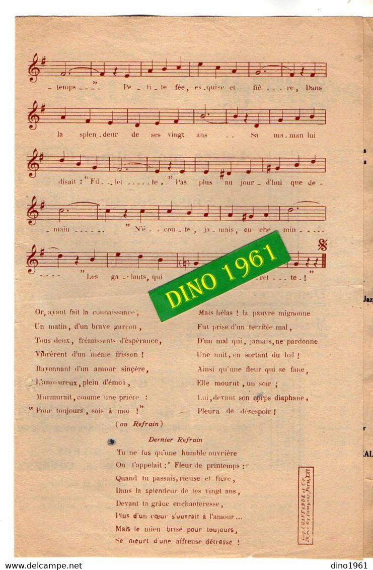 VP19.224 - PARIS - Ancienne Partition Musicale ¨ Fleur De Printemps ¨ DIERDY Accordéoniste / Paroles DIERDY & CHAGNOUX - Partitions Musicales Anciennes