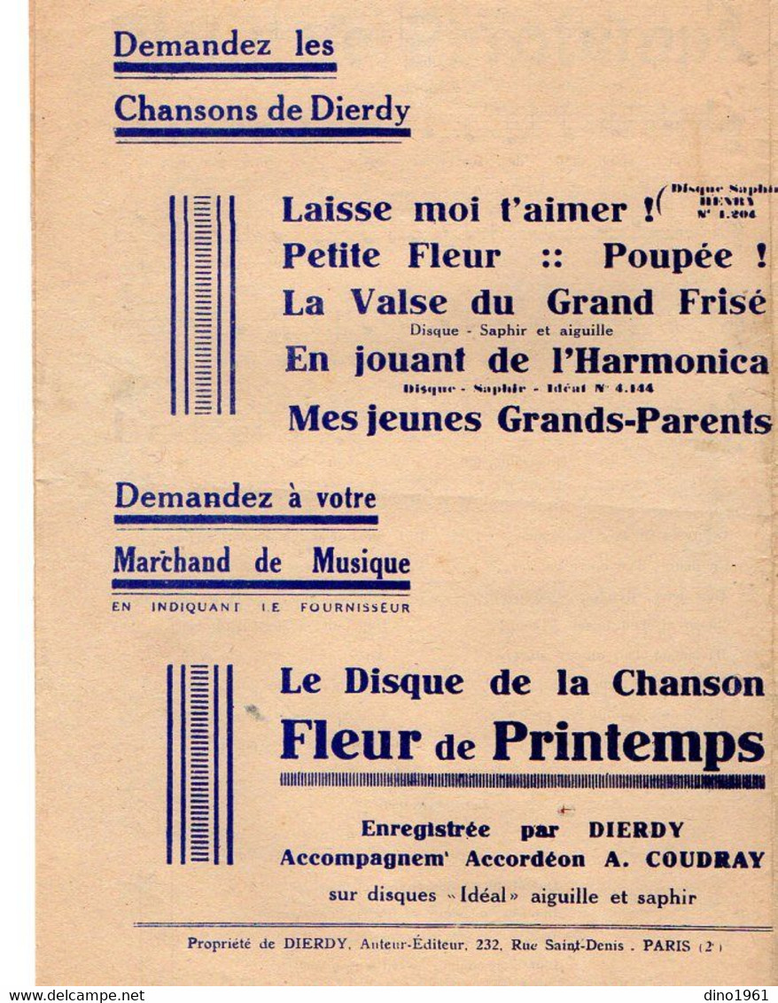 VP19.224 - PARIS - Ancienne Partition Musicale ¨ Fleur De Printemps ¨ DIERDY Accordéoniste / Paroles DIERDY & CHAGNOUX - Spartiti