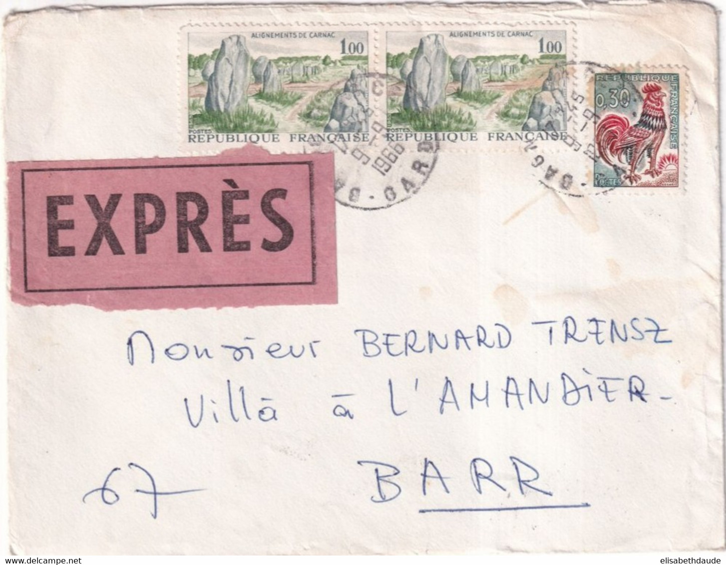 1966 - COQ DECARIS Sur ENVELOPPE EXPRES ! De BAGNOLS SUR CEZE (GARD) => BARR - 1962-1965 Coq De Decaris