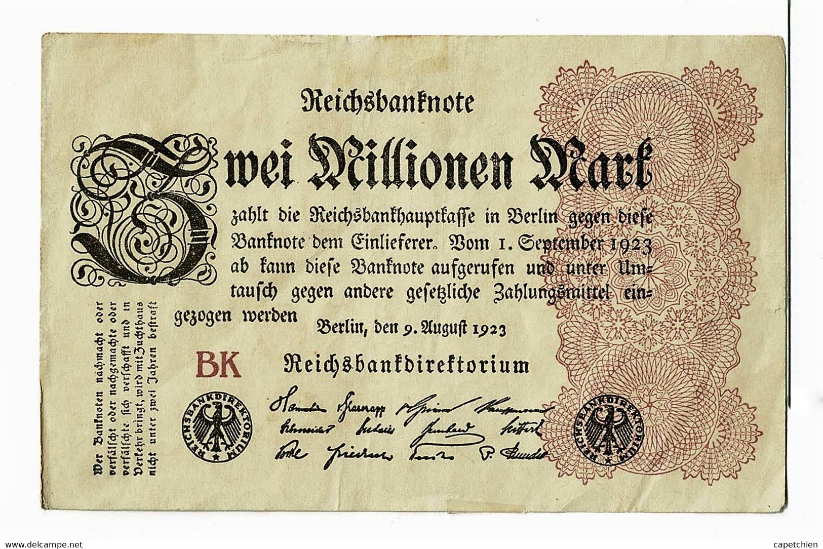 ALLEMAGNE / ZWEI MILLIONEN MARK / 2 MILLIONS DE MARK  / 09 AOUT 1923 - 2 Mio. Mark