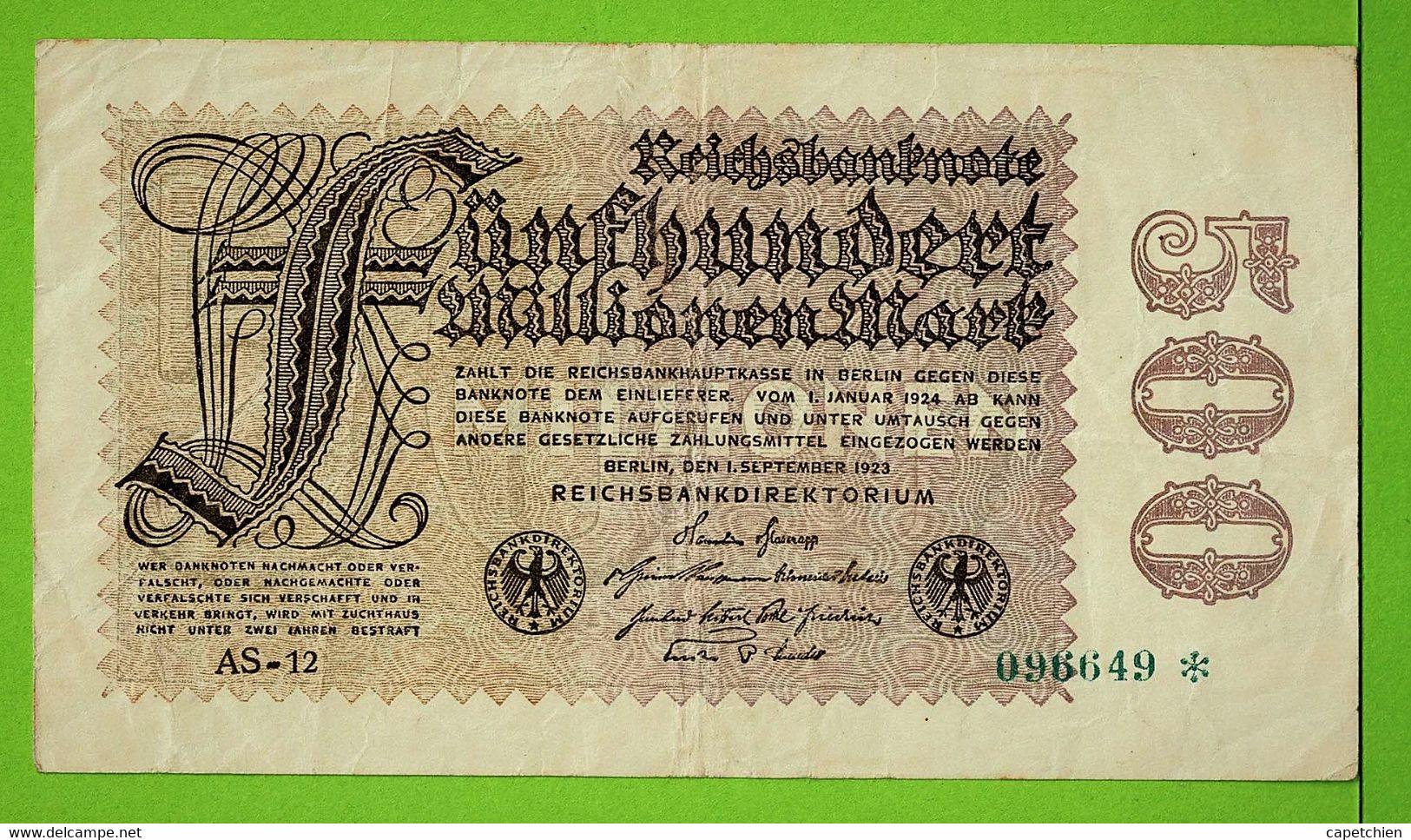 ALLEMAGNE / 500.000.000 MARK / REICHSBANKNOTE / 01 SEPT 1923 / AS-12  096649* - 500 Mio. Mark