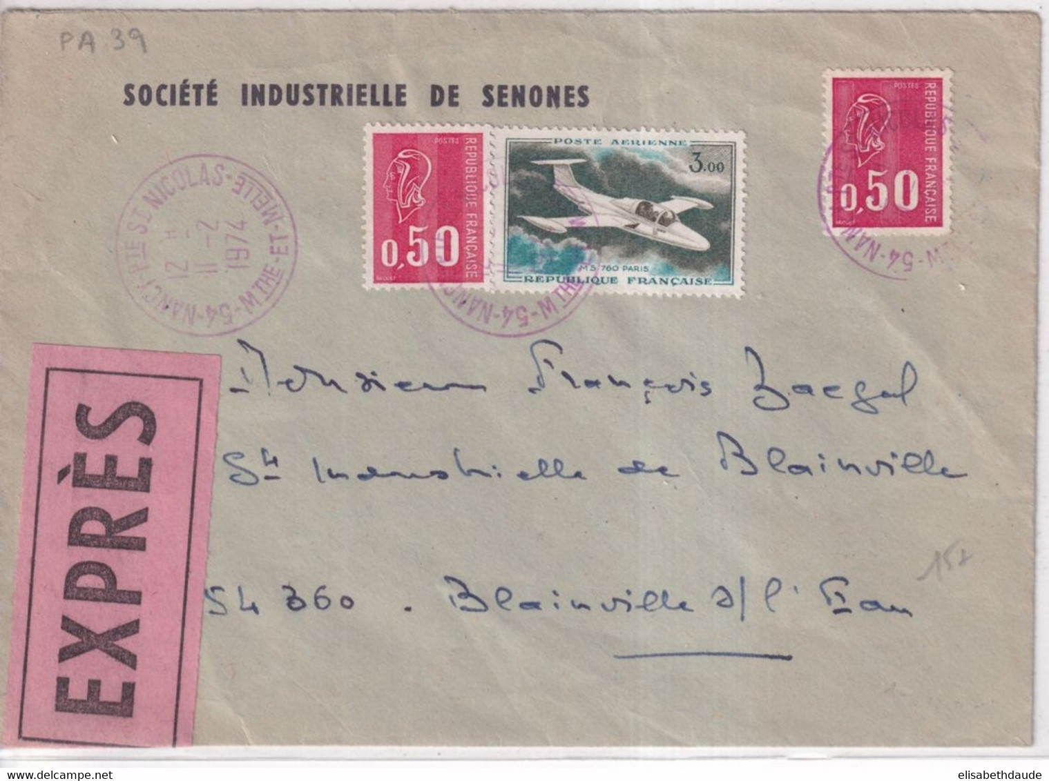 1974 - POSTE AERIENNE + BEQUET Sur ENVELOPPE EXPRES ! CACHET ROUGE ! De NANCY PORTE ST NICOLAS (MEURTHE ET MOSELLE) - 1960-.... Covers & Documents