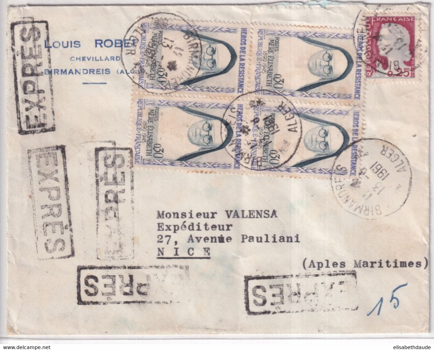 1961 - ALGERIE ! - MARIANNE DECARIS Sur ENVELOPPE EXPRES ! De BIRMANDREIS ! => NICE - 1960 Marianna Di Decaris