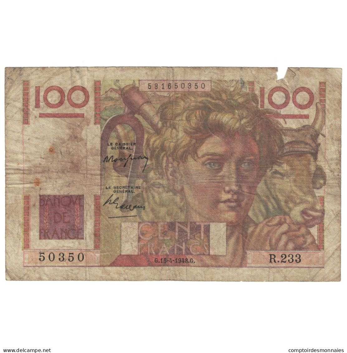 France, 100 Francs, Jeune Paysan, 1948, R.233, B, Fayette:28.17, KM:128b - 100 F 1945-1954 ''Jeune Paysan''