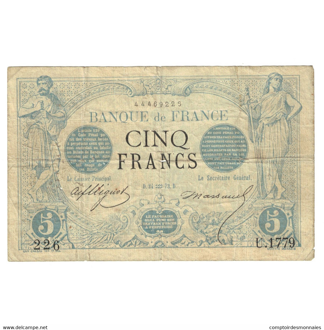 France, 5 Francs, Noir, U.1779, 1873, TB, Fayette:1.14, KM:60 - 5 F 1871-1874 ''Noir''