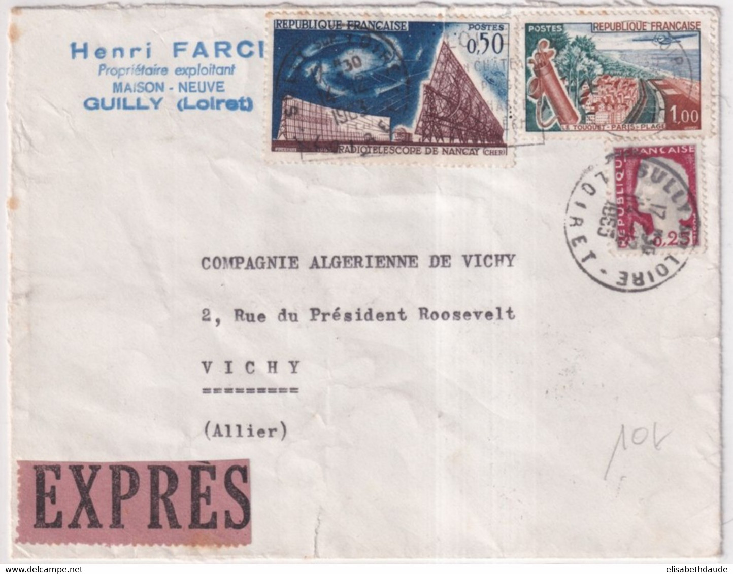 1963 - MARIANNE DECARIS Sur ENVELOPPE EXPRES ! De GUILLY (LOIRET) => COMPAGNIE ALGERIENNE DE VICHY - 1960 Marianne De Decaris