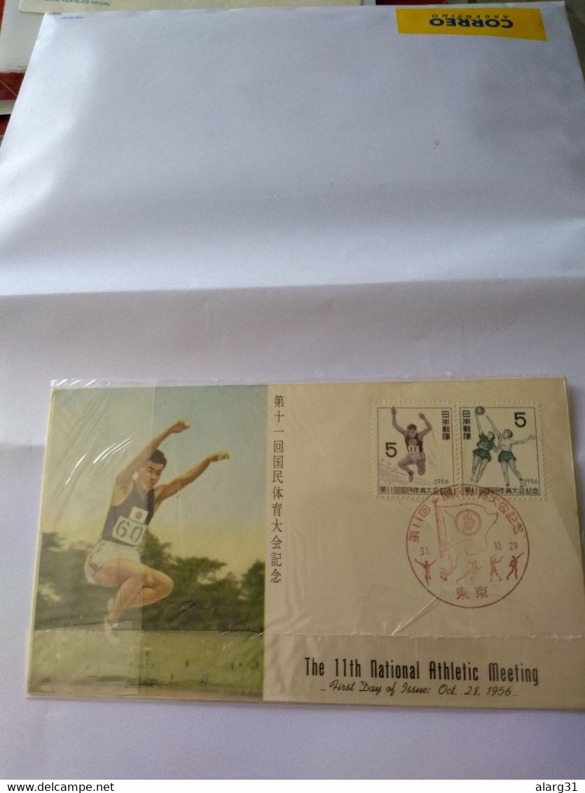 Japan.fdc 11 Ntnl Sport Games.yv 584/5.jumping Women Basquetball.pmk Athketics31/0ct 1956.not Pu.e 7 Reg Post.commems. - Brieven En Documenten