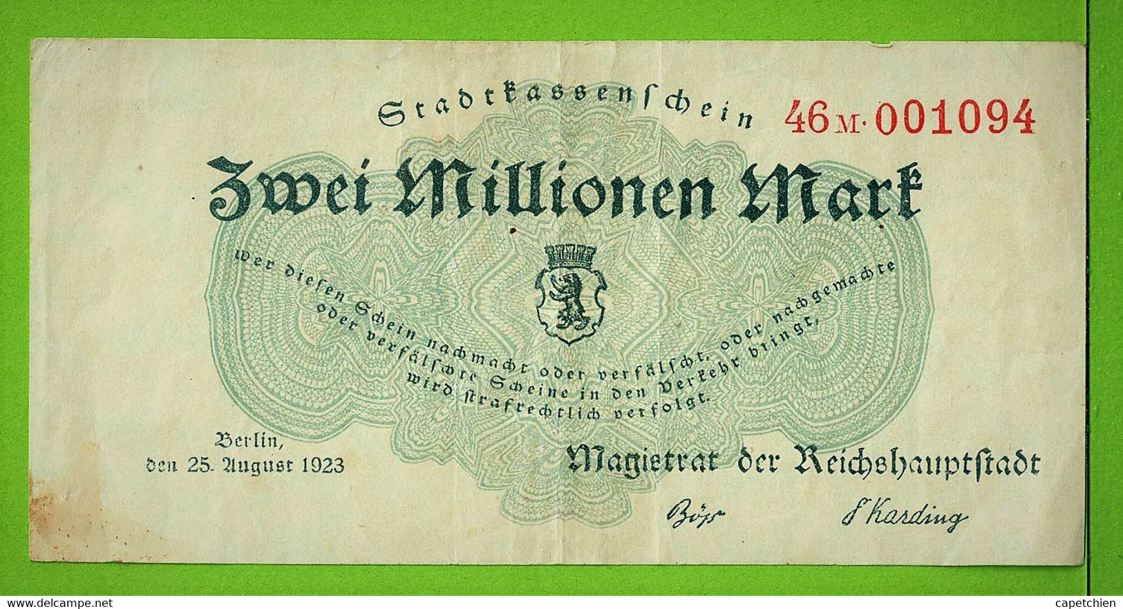 ALLEMAGNE / STADTKASSENSCHEIN / ZWEI MILLIONEN MARK MARK  / 25 AOUT 1923 / 46M 001094 - Zwischenscheine - Schatzanweisungen