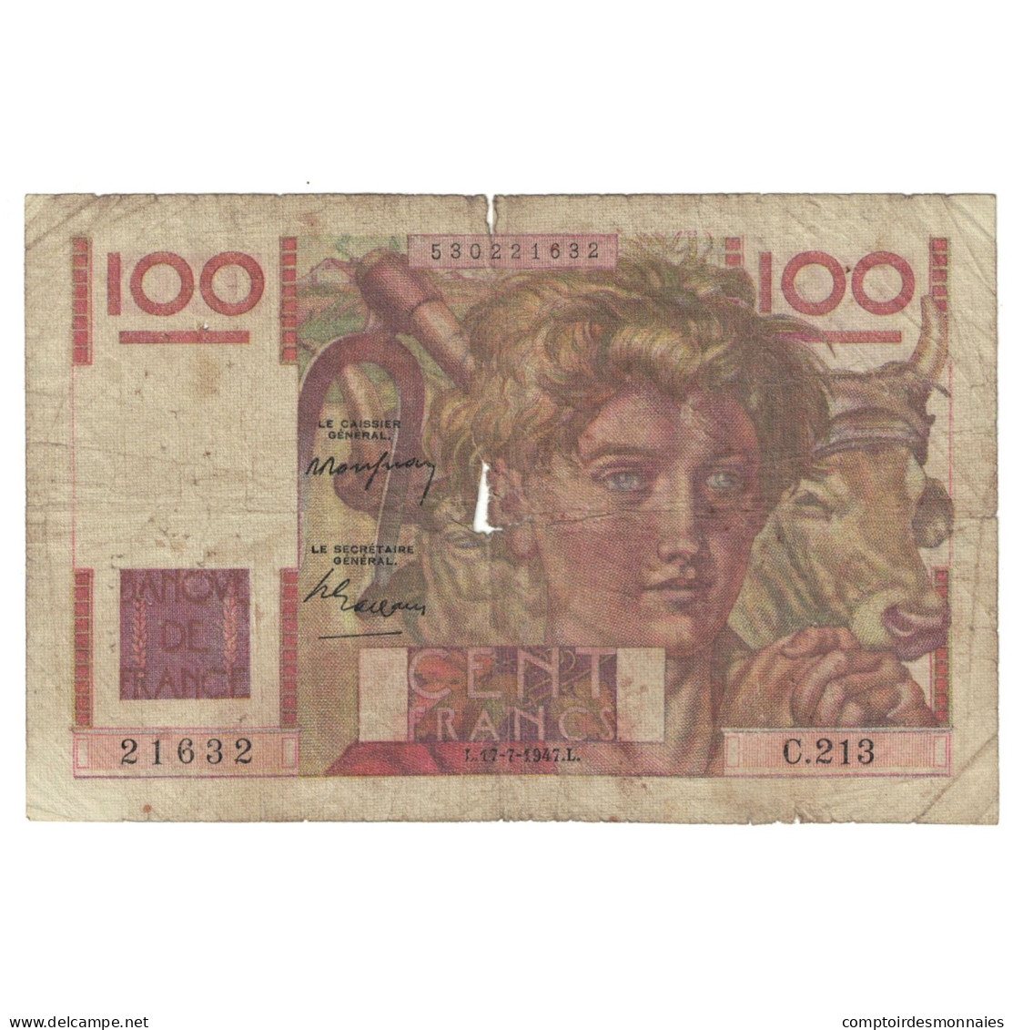 France, 100 Francs, Jeune Paysan, 1947, C.213, B, Fayette:28.15, KM:128b - 100 F 1945-1954 ''Jeune Paysan''